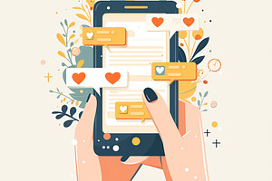 Illustrated artwork of hands holding a phone with chat message notifications di, a Photo by AS photostudio