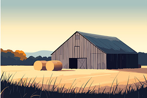 Old barn and hay bales horizontal, an Illustration by Valerie Bodnar