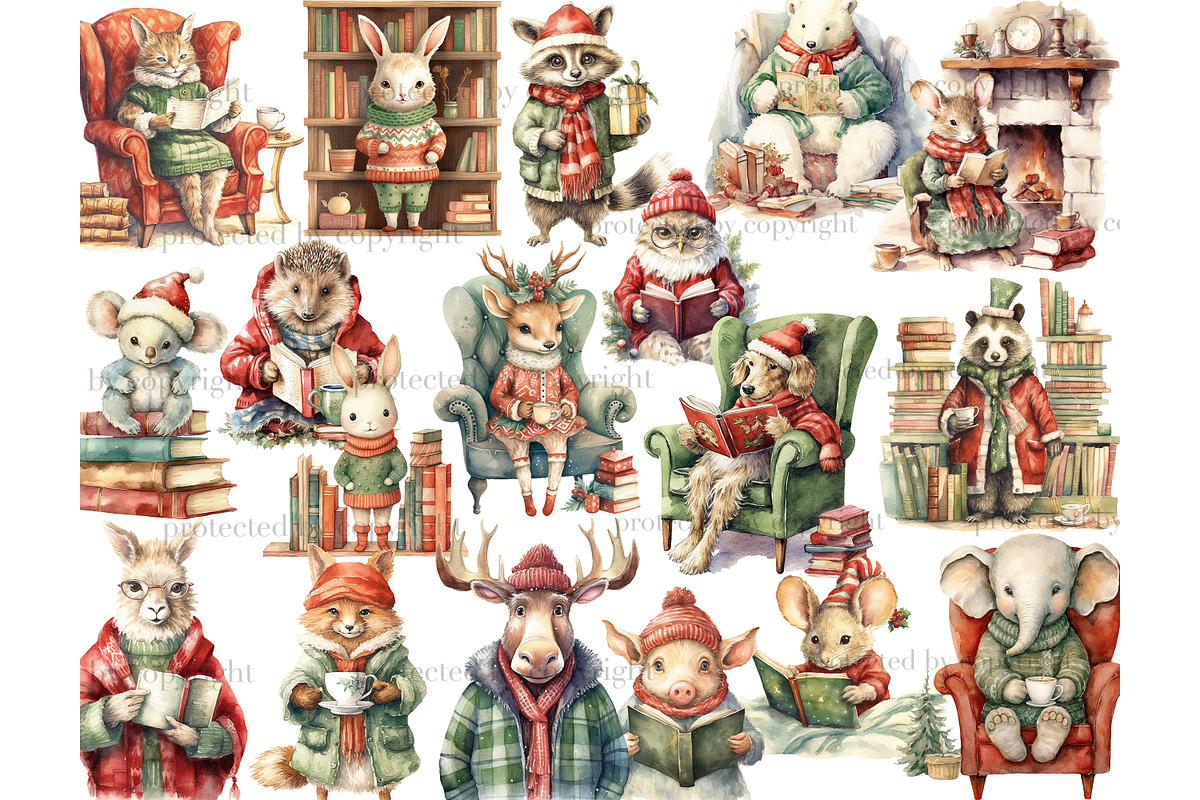 Holiday Reading Animals Clipart, an Animal Illustration by GlamArtZhanna (Photo 2 of 5)