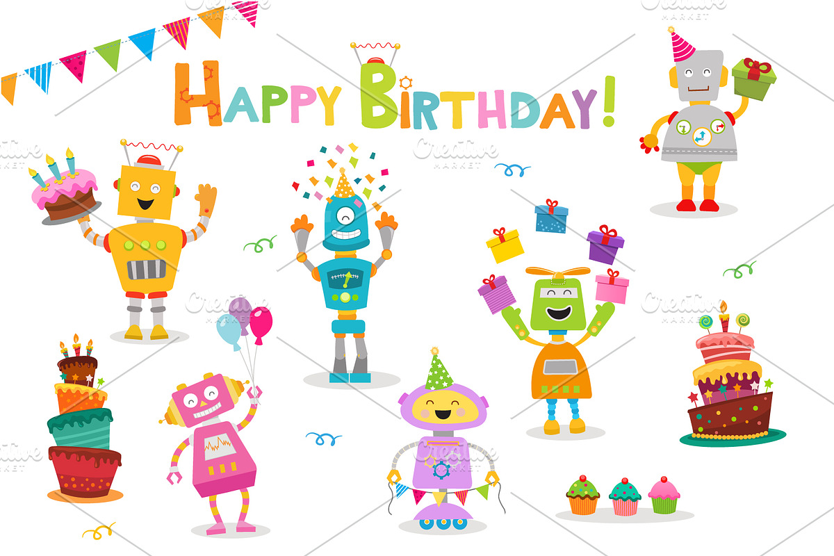 Collection of Cute Birthday Robots, a Decorative Illustration by pinipin (Photo 1 of 2)