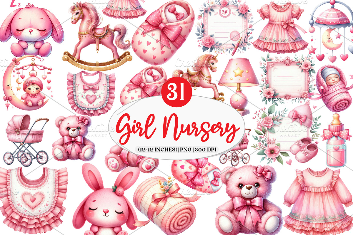 Pink Baby Girl Nursery Clipart, an Illustration by Watercolor design (Photo 1 of 4)