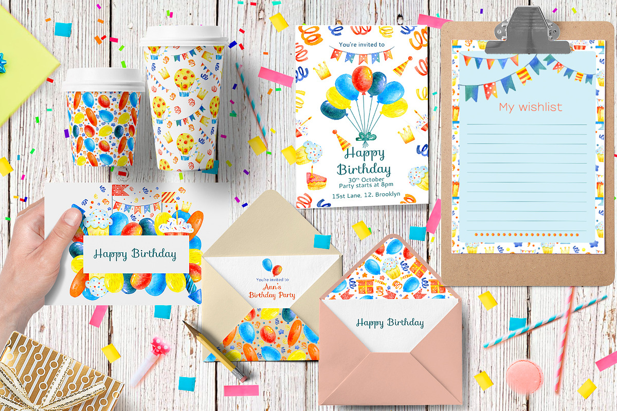 Happy birthday watercolor set, a Decorative Illustration by annasokol_ (Photo 2 of 10)