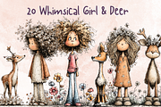 Whimsical Floral Girl & Deer Clipart, an Animal Illustration by GiraffeCreative (Thumbnail 1 of 20)