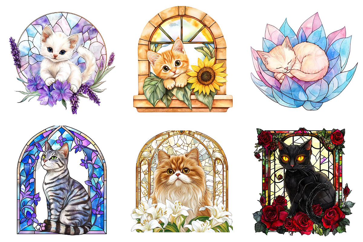 Cat Floral Stained Glass Clipart, an Illustration by DreamArtGraphic (Photo 2 of 4)