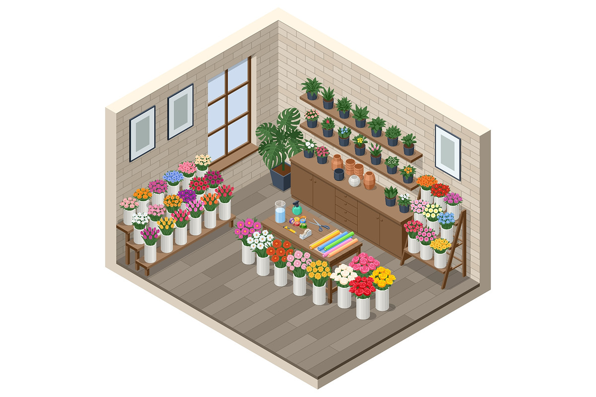 Isometric flower shop interior with, a Person Illustration by Golden Sikorka (Photo 1 of 3)