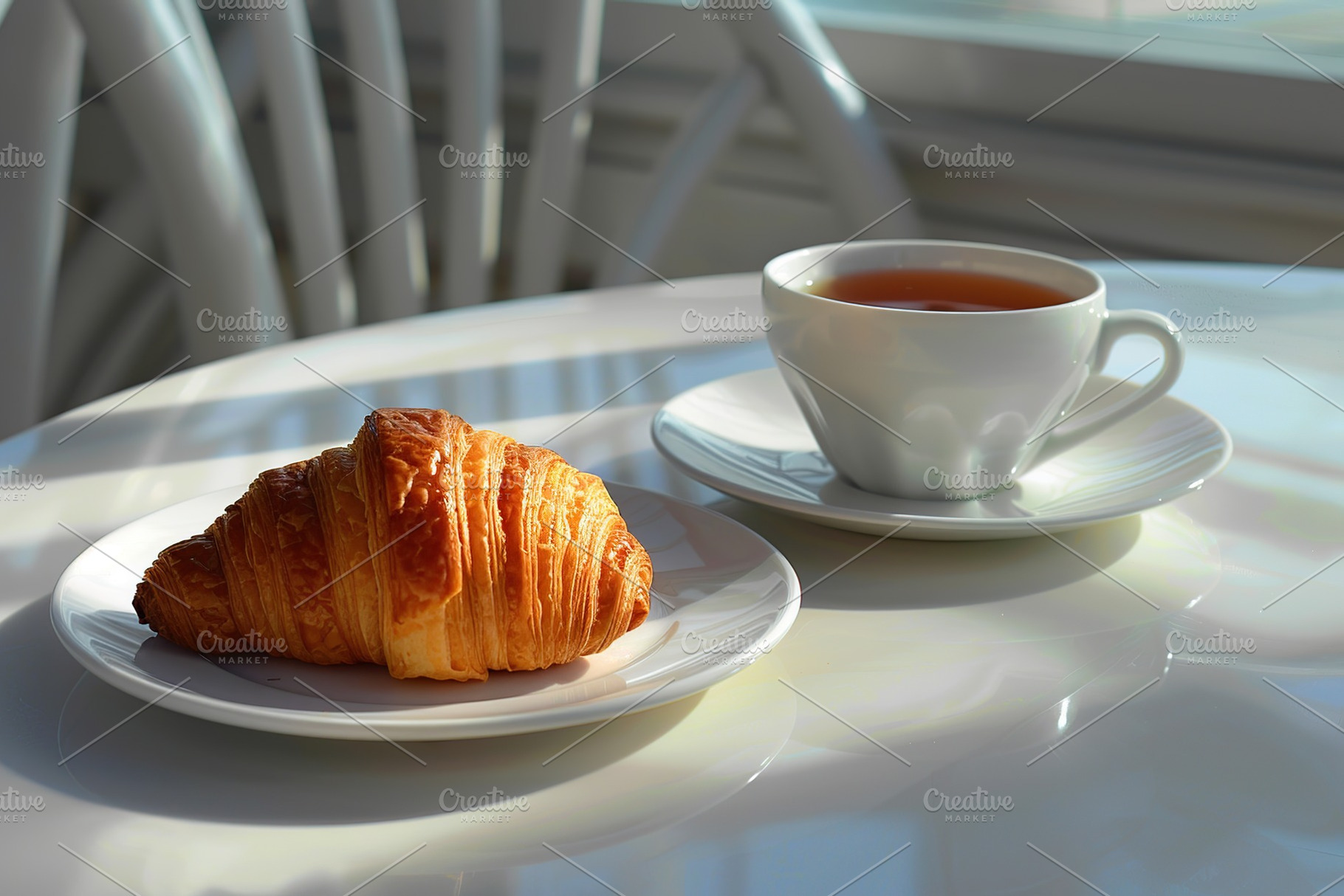 Cup of tea and croissant on white kitchen table, a Food & Drink Photo by AlyaAnd
