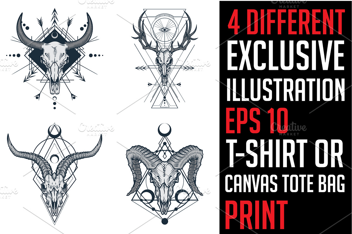 Tribal skull set. Boho style., an Animal Illustration by VioSilent (Photo 5 of 6)