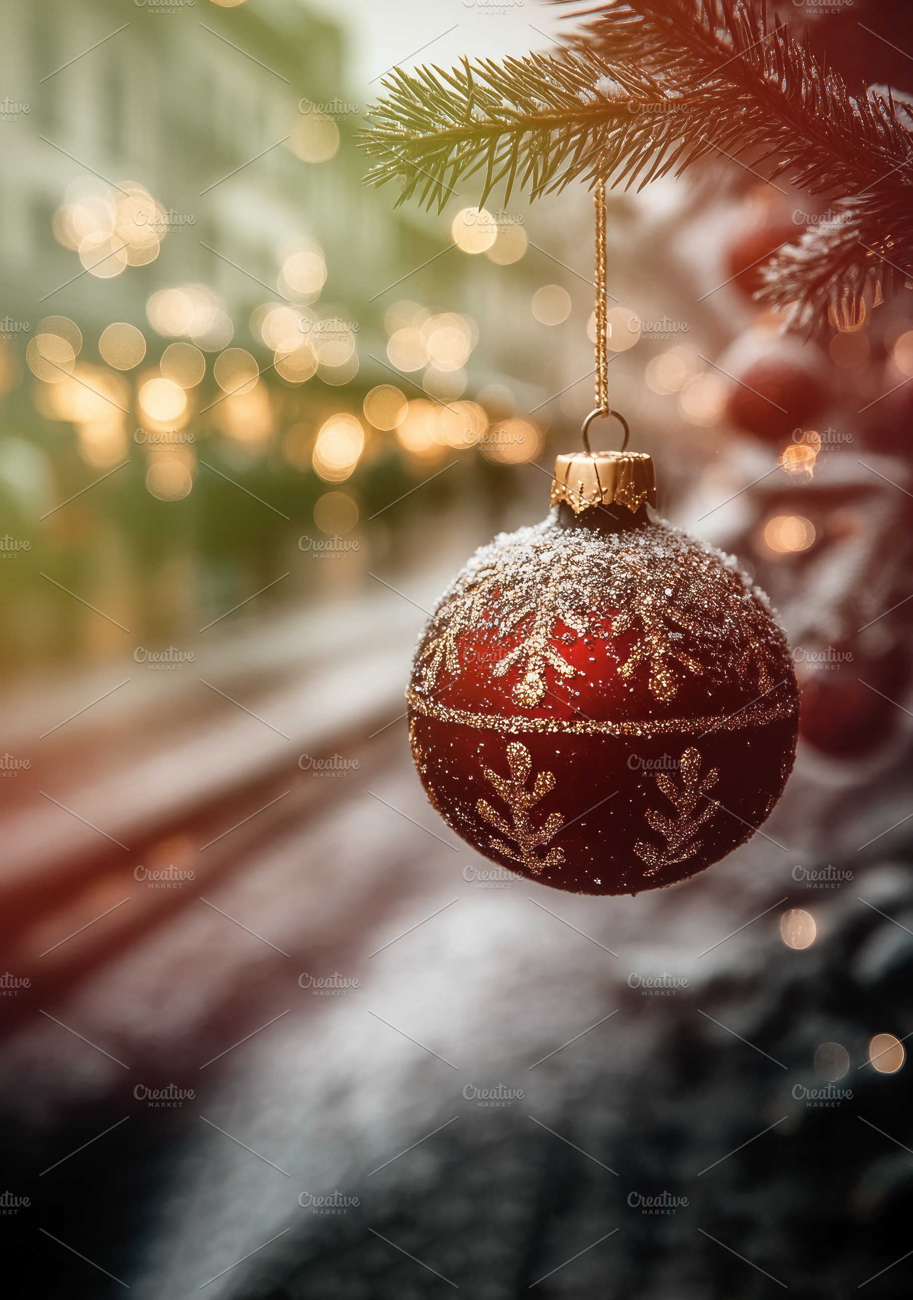 Red Christmas ornament with gold glitter hanging on snow-covered, a Holiday Photo by José Manuel Gelpi