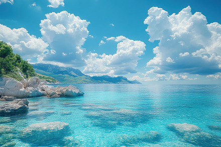 Tranquil blue waters and scenic clou, a Photo by Tanuart