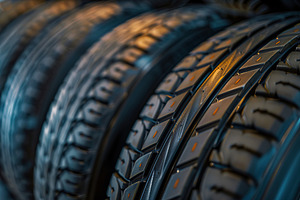New tires on storage rack in car workshop, a Transportation Photo by AlyaAnd