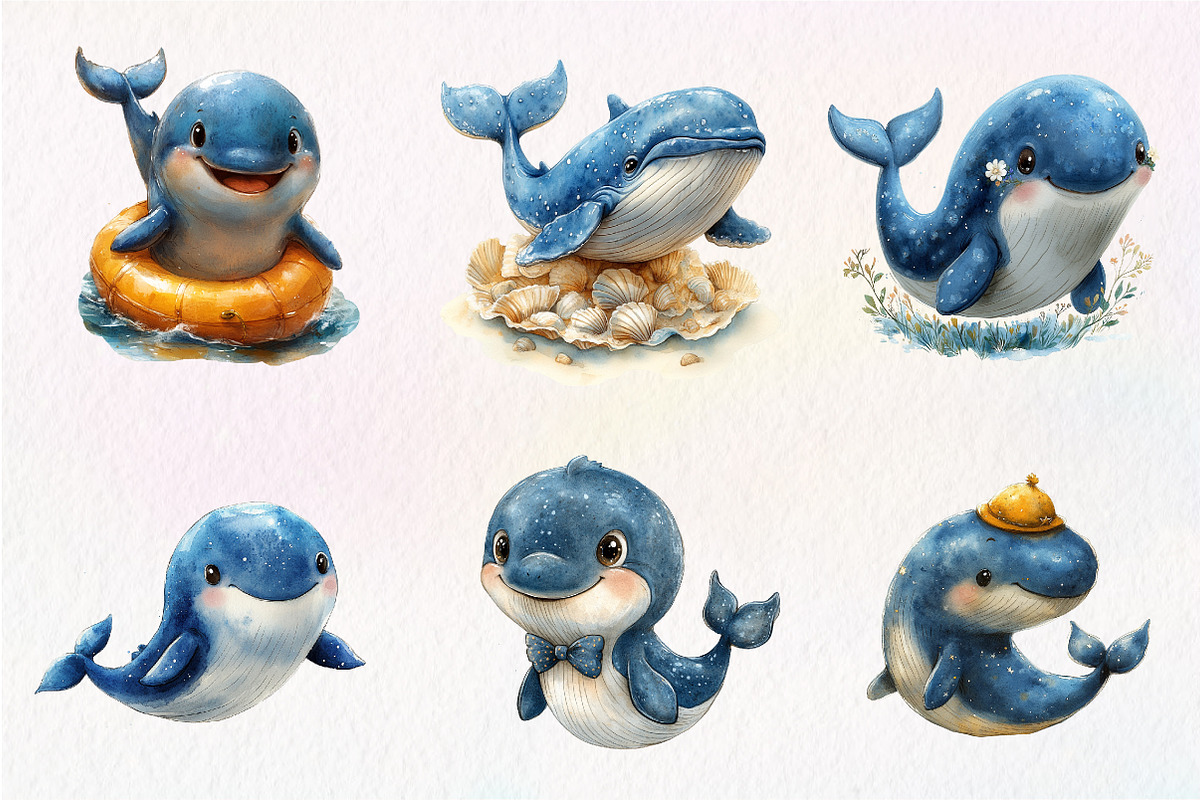 Whale Watercolor Clipart, Blue Whale, an Illustration by CreationArt (Photo 4 of 5)