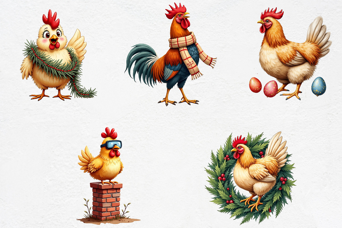 Cute Christmas Funny Chicken Clipart, an Illustration by CrexoraLab (Photo 3 of 5)