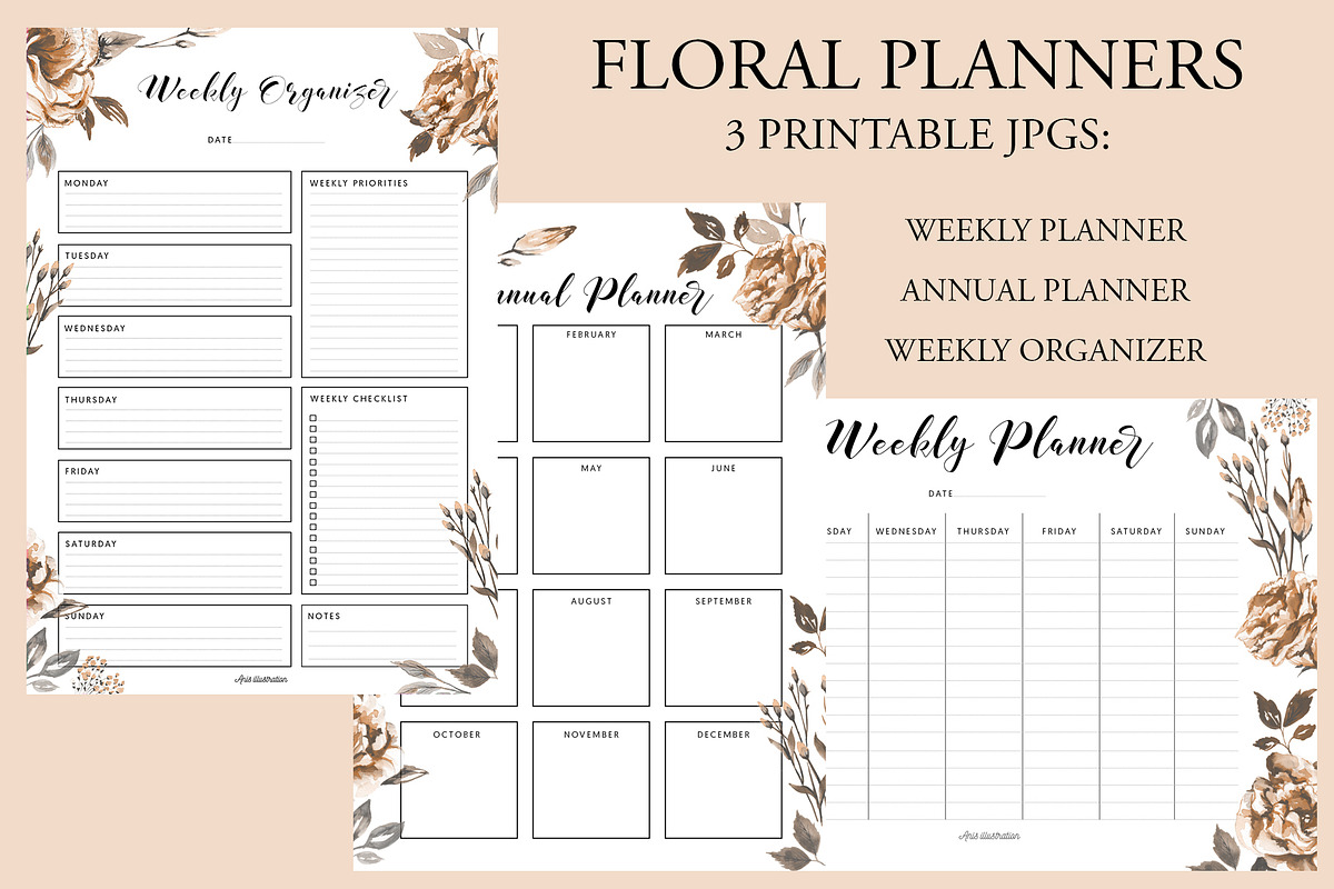 Floral Daily & Weekly Planner, a Templates & Theme by Anis Illustration (Photo 1 of 4)