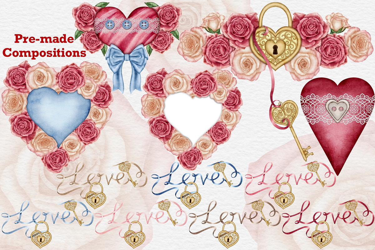 Valentines Roses watercolor clipart., a Seasonal Illustration by Happy Sloth Graphics (Photo 5 of 12)