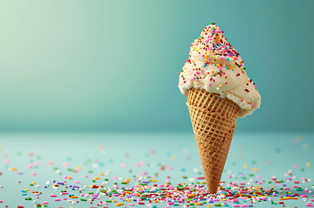 Ice cream with sprinkles in waffle cone on green background, a Food & Drink Photo by AlyaAnd