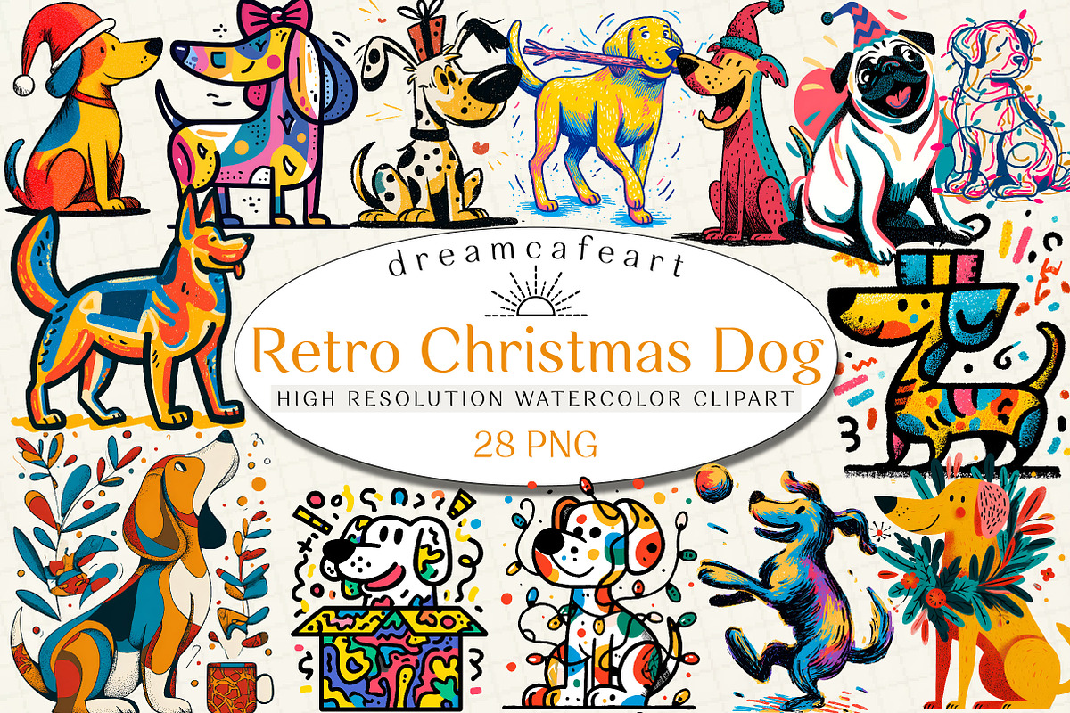 Retro Christmas Dog Clipart, an Illustration by DreamCafeArt (Photo 1 of 6)