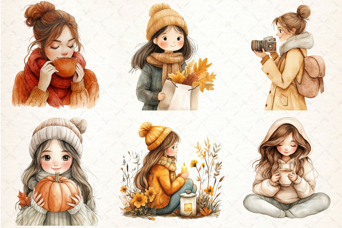 Watercolor Autumn Girl Clipart, an Illustration by Libby Wishes (Photo 2 of 5)