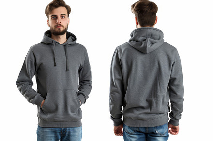 A young man showcases a gray hoodie, a Photo by Tanuart