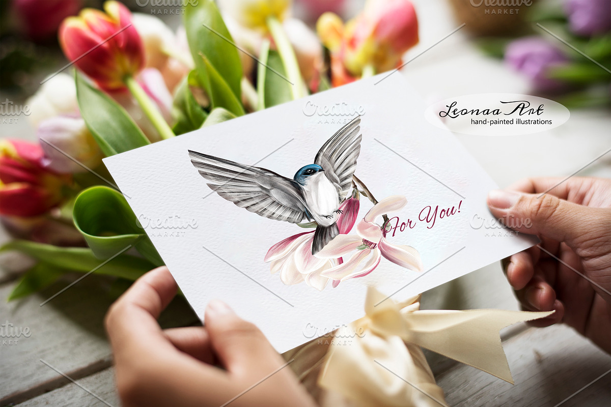 Swallows with magnolias Clipart Set, a Seasonal Illustration by Leonaa art (Photo 7 of 11)