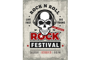 Rock festival. placard with skull in
