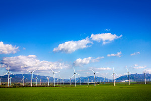 Windmills on green meadow spain stock photo containing alternative and