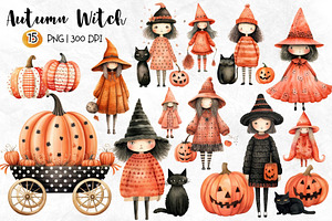 Cute Autumn Witch Watercolor Clipart