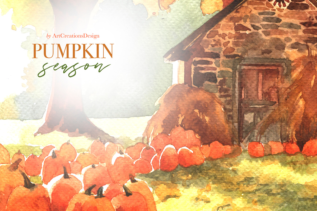 Watercolor Pumpkin Season Clipart, a Seasonal Illustration by ArtCreationsDesign (Photo 4 of 22)