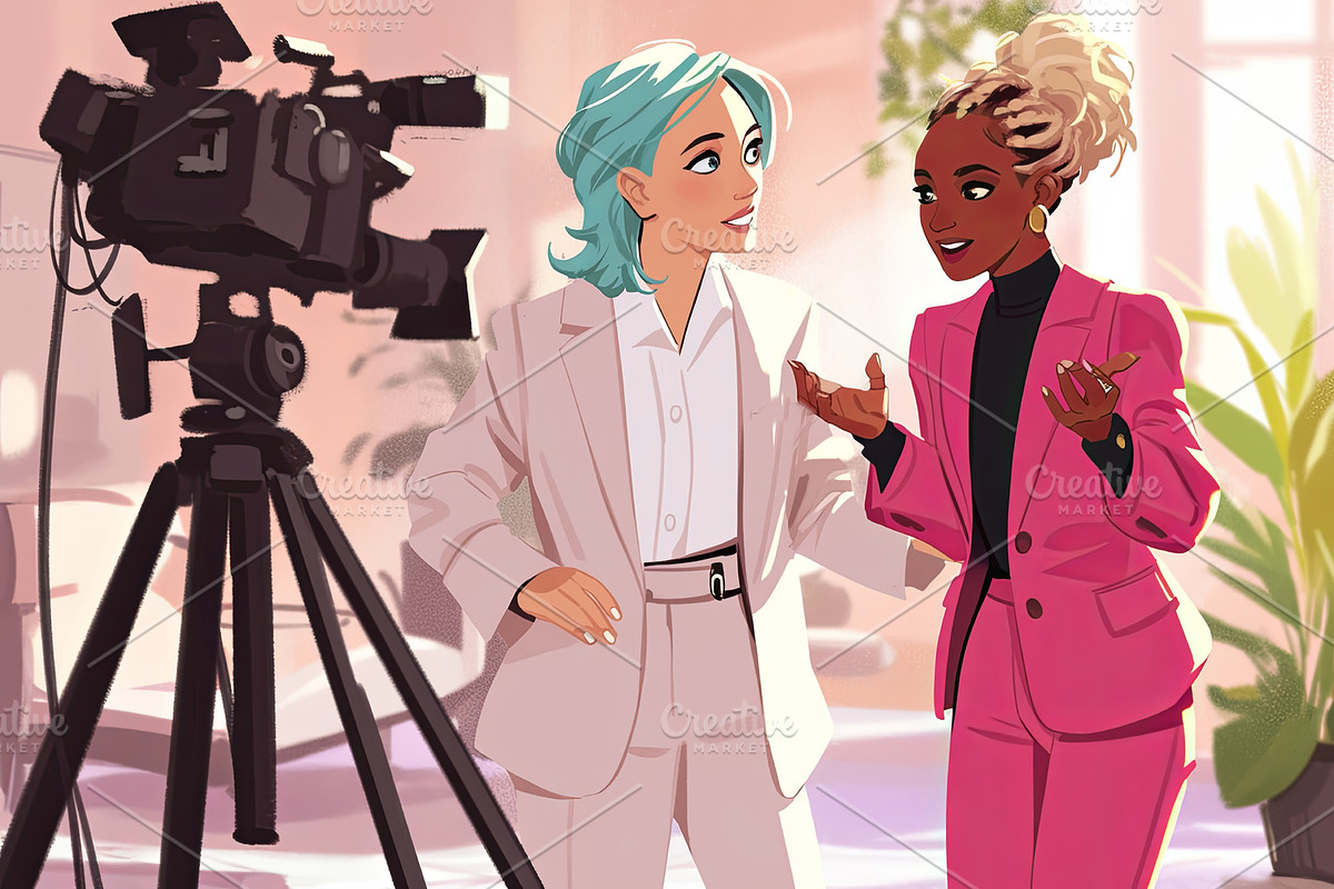 Two creative professionals collaborating on a studio set among cameras and ligh, an Illustration by AS photostudio