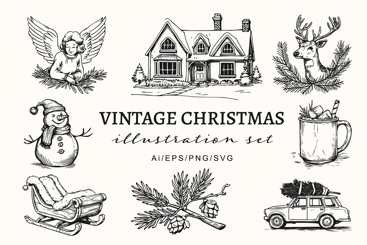 Vintage Christmas Illustration Set, an Object Illustration by NatalieArtShop (Photo 1 of 9)