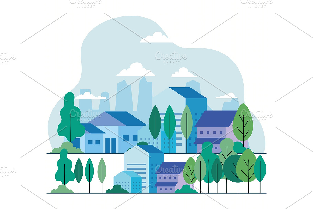 city houses with trees and clouds, an Illustration by studiogstock