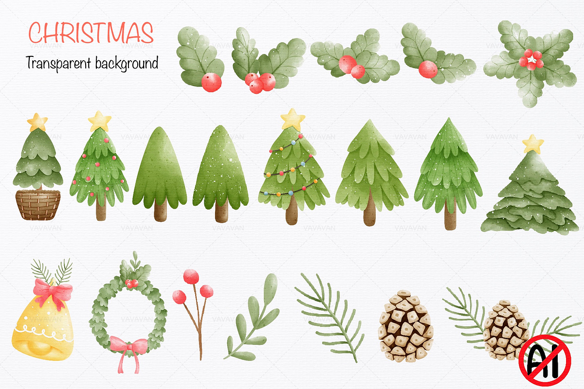 Merry Christmas watercolor clip art, a Seasonal Illustration by Vavavan Artwork (Photo 3 of 5)
