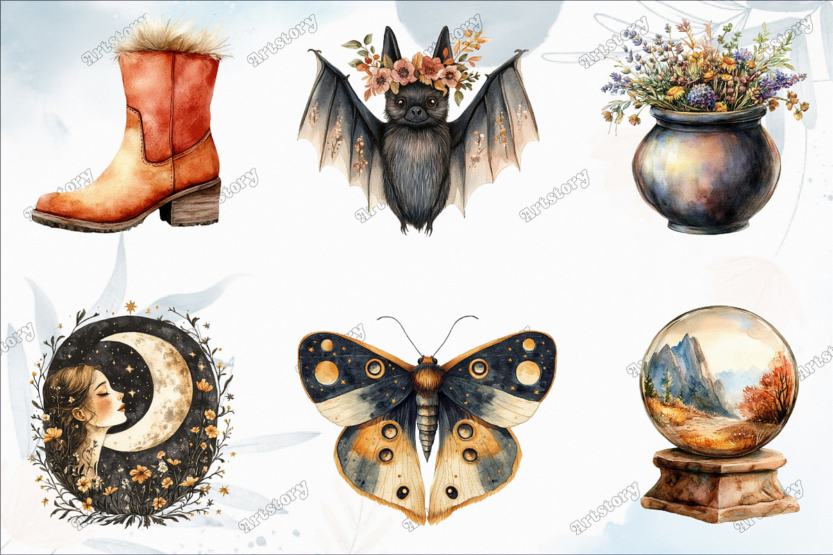 Watercolor Boho Halloween Clipart, an Illustration by designcity5 (Photo 2 of 5)