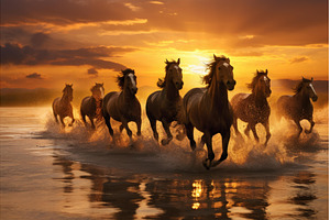 Majestic Running horses sunrise, a Nature Photo by Ylivdesign