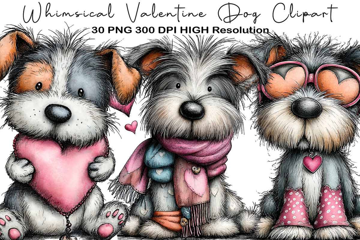 Whimsical Valentine Dog Clipart, an Illustration by Black Bird Studio (Photo 1 of 6)