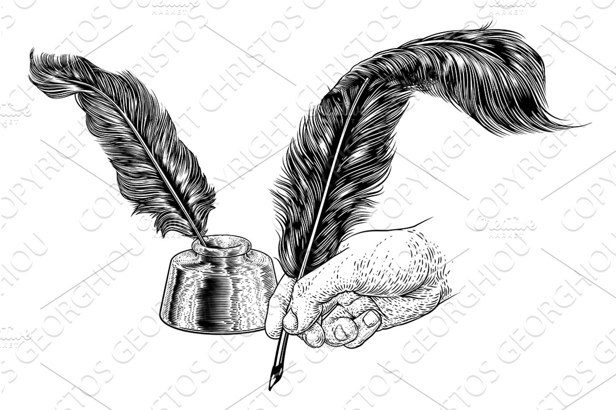 Quill Feather Ink Pen Hand Vintage, an Illustration by Christos Georghiou