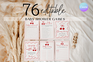 Cherry On Top Baby Shower Games, a Stationery Template by VeliusCreativeStudio