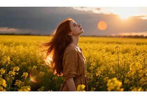 Woman with red hair standing in a, a Nature Photo by tilialucida
