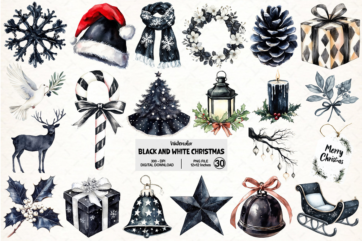 Black and White Christmas Clipart, an Illustration by Pixels.Craft (Photo 1 of 7)