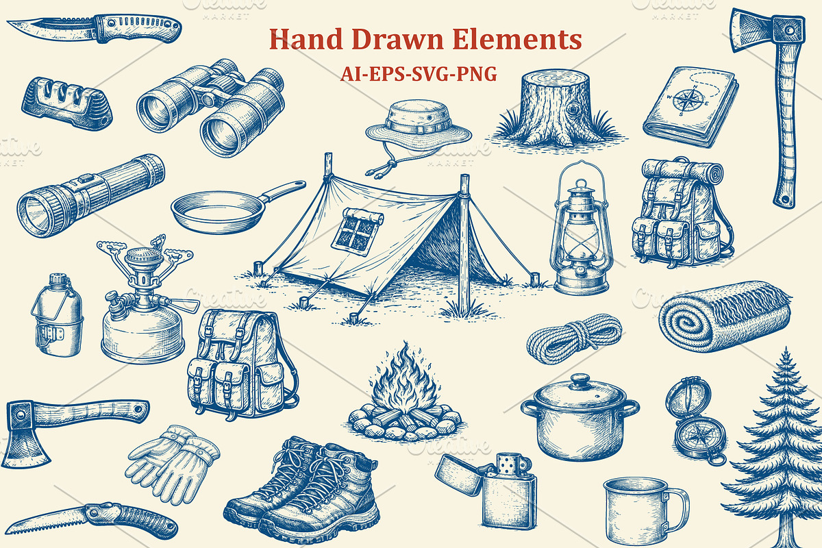 Hand Drawn Bushcraft Elements, an Object Graphic by e-artdesign (Photo 1 of 3)