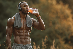 Muscular man drinks water after work, a Photo by Pixeness Studio