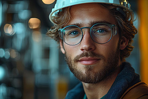 Confident young engineer with safety helmet standing in industrial environment, a Photo by AS photostudio