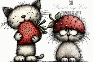 Strawberry Cat Whimsical Clipart, a Seasonal Illustration by Designking