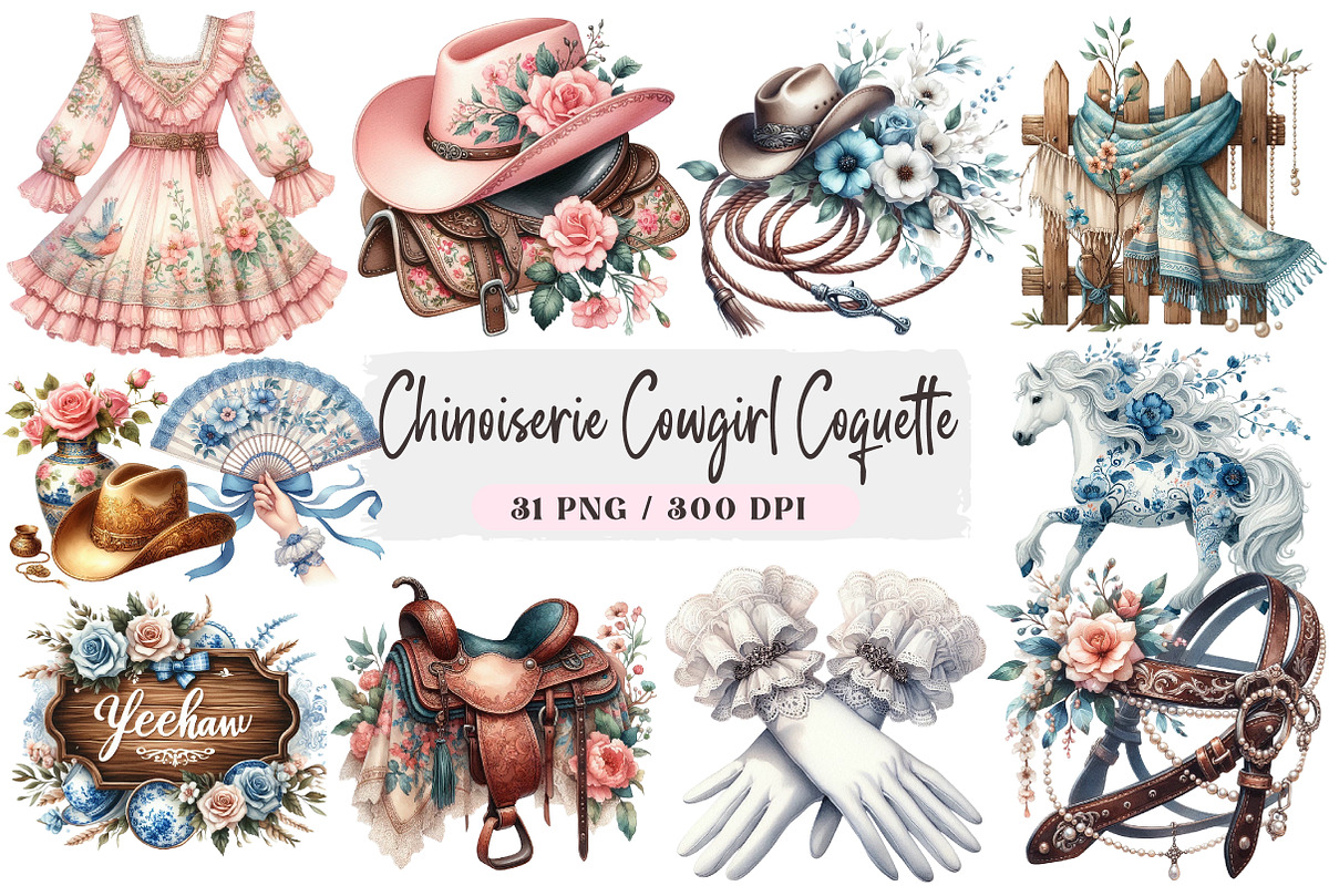 Chinoiserie Cowgirl Coquette Clipart, an Illustration by DreamArtGraphic (Photo 1 of 4)