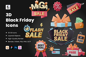 Black Friday Icon Set, an Object 3D Model by Flat Icons