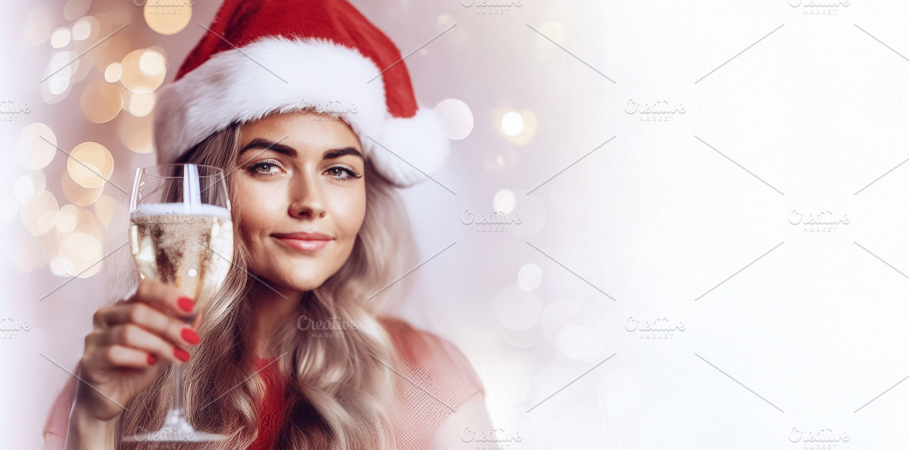 Smiling girl with santa hat toasting gold and white background, a Holiday Photo by Davizro's Market