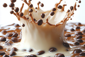 Cream splashing into coffee beans de, a Food & Drink Photo by Pixeness Studio