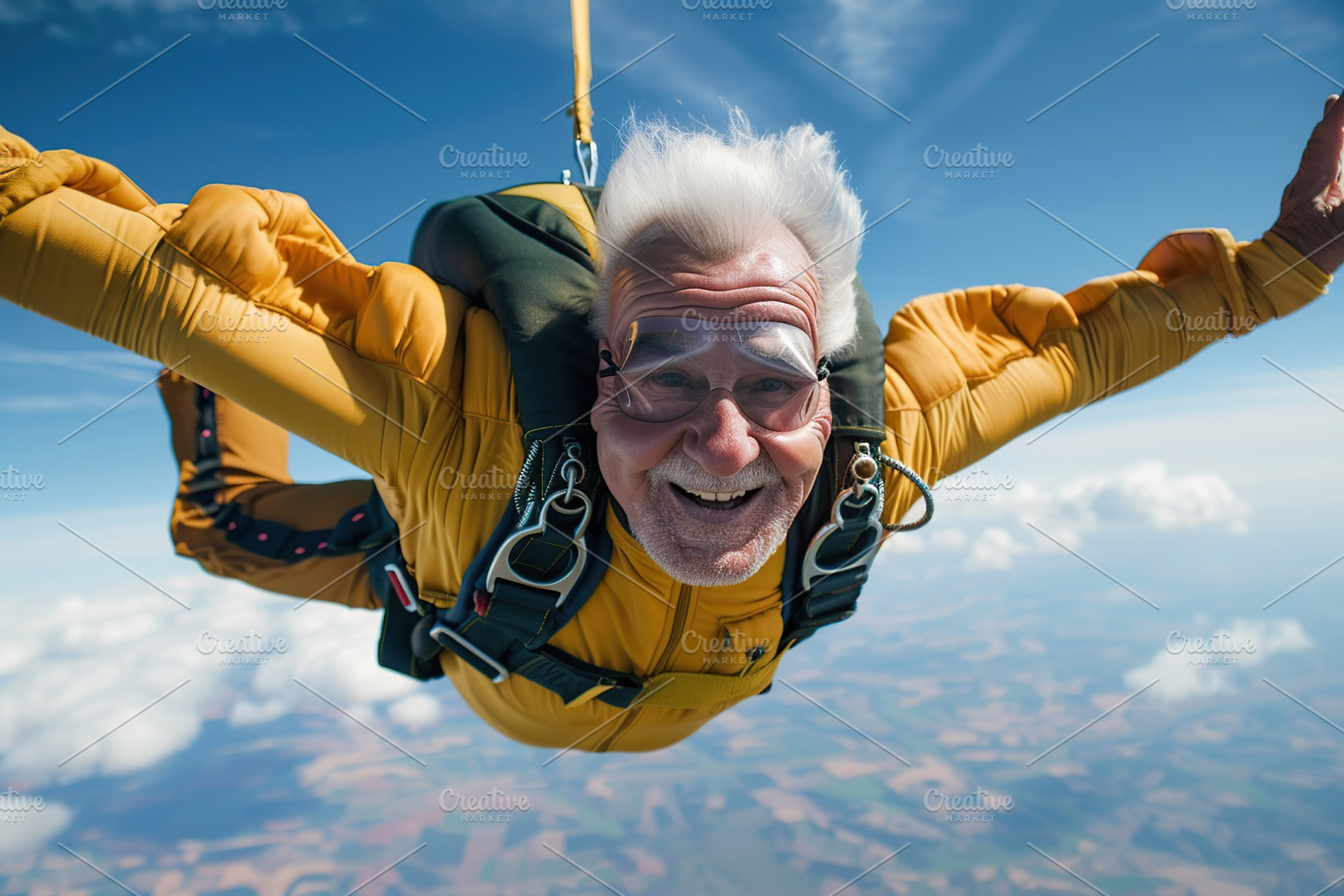 Senior male skydiver with parachute falling through the air, a Photo by AlyaAnd
