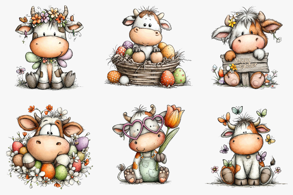 whimsical easter cow clipart, an Illustration by CreationArt (Photo 4 of 6)