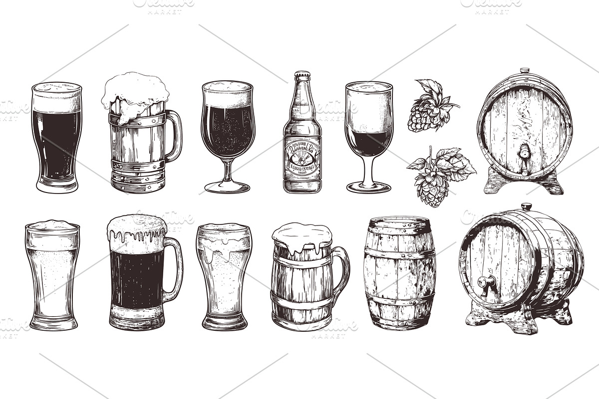 beer sketch set. alcoholic drink, a Food Illustration by Stock-Smart-Start