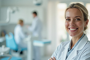 Smiling dentist in a modern clinic, a Health & Medical Photo by angellodeco